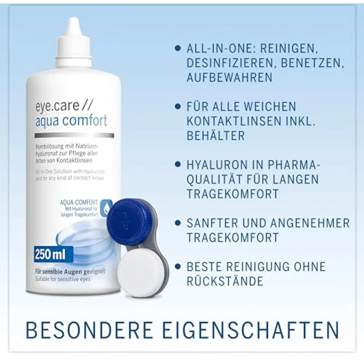 EYE CARE COMPANY Eye.care Kontaktlinsen Flüssigkeit - Premium 250ml mit Hyaluron, antibakterieller Behälter, für alle weichen Kontaktlinsen – Bild 2