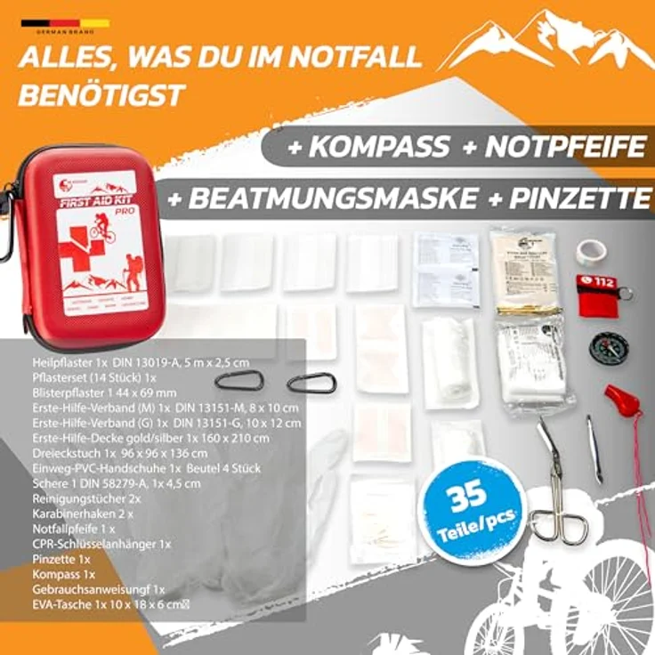 DR.KUECHLER MEDICAL Erste-Hilfe-Set Outdoor Premium PRO, 35 Teile inklusive Kompass und Pfeife, rot – Bild 4