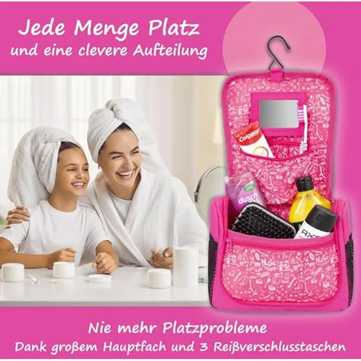 GRINSEZWERGE Kulturtasche für Kinder und Erwachsene, Reise Kulturbeutel mit 12 Motiven, große Kosmetiktasche zum Aufhängen, Waschbeutel mit 3 Reißverschlusstaschen und 4 Netztaschen, 25 x 20 x 8 cm – Bild 3