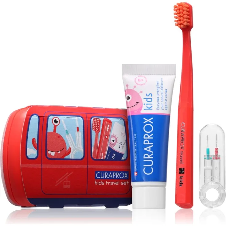 Curaprox Kids Travel Set, Kosmetik-Reiseset für Zähne, Zunge und Zahnfleisch mit Zahnbürste und 10 ml Zahnpasta, bunt