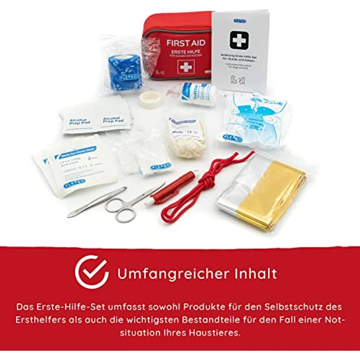FLEXEO Erste-Hilfe-Set für Hund und Katze, 24-teilig mit Wundauflagen, Bandagen, Maulschlaufe und Zeckenzange, kompakt und transportabel – Bild 3