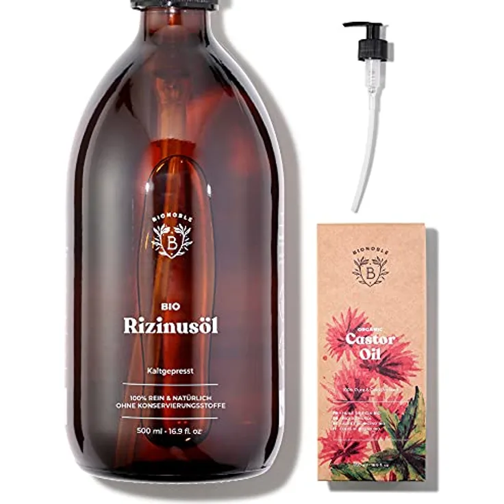 Bionoble Rizinusöl Bio 500ml - 100% Rein, Natürlich und Kaltgepresst - Wimpern, Augenbrauen, Haare, Bart, Nägel - Vegan und Cruelty Free - Castor Oil - Glasflasche + Pumpe