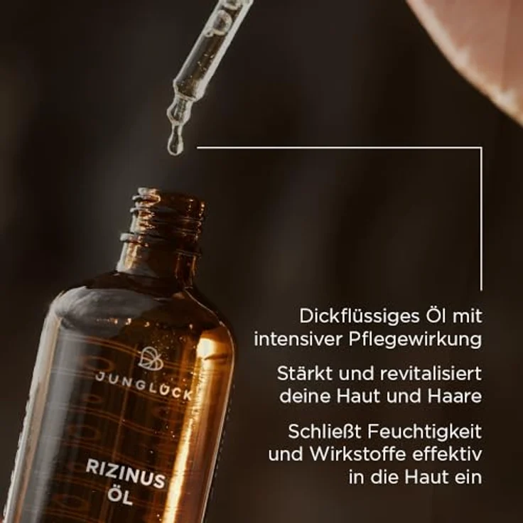 JUNGLÜCK Rizinusöl BIO 50ml - Vegan | 100% reines kaltgepresstes Natur-Öl für Gesicht, Wimpern, Haare und Nägel, intensiv nähren und revitalisieren – Bild 2