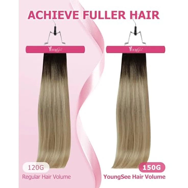 YoungSee Echthaar Extensions Clip Balayage 35cm, 120g Remy Echthaar in Braun Blond, 7 Clip in Haarverlängerungen für volles Volumen – Bild 3