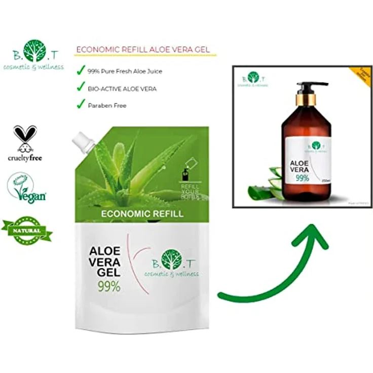 99% Aloe Vera-Gel Natürliche Hautpflege und Haare. Natürliches Anti-Aging, Anti-Falten, straffend für Gesicht und Körper, Sparsame Nachfüllpackung 500 ml – Bild 3