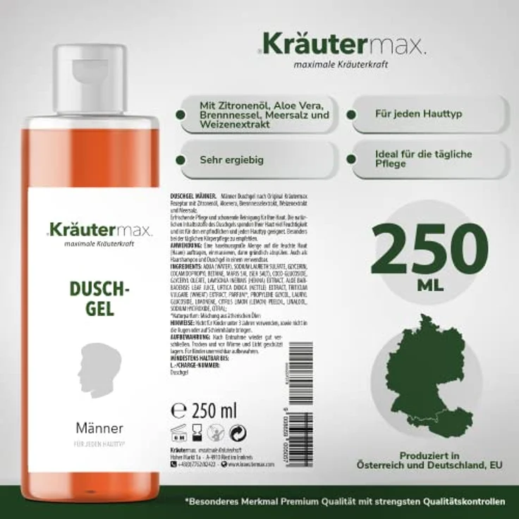 Kräutermax. Männer Duschgel Pflege mit Zitronenöl Naturrein, 250 ml, erfrischende Pflege und schonende Reinigung – Bild 4