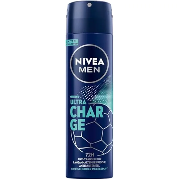 NIVEA MEN Deo Spray Ultra Charge Limited Football Edition, Anti-Transpirant mit belebendem Meeresduft, 72h Schutz, 0% Ethylalkohol, 150 ml