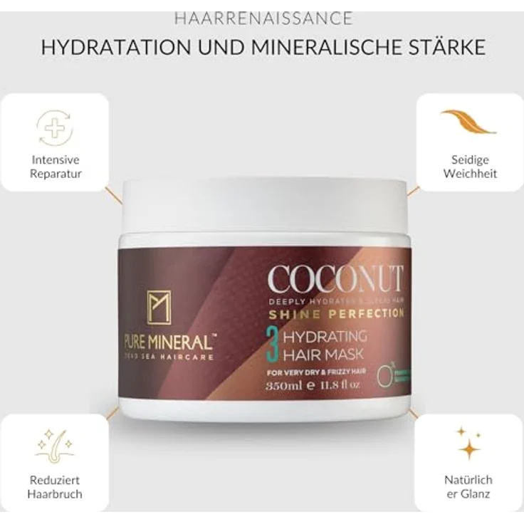 M PURE MINERAL DEAD SEA COSMETICS Pure Mineral Haarmaske mit Kokosöl, intensive Behandlung für trockenes Haar, 350ml, ohne Sulfate, Parabene, Petrolate – Bild 2