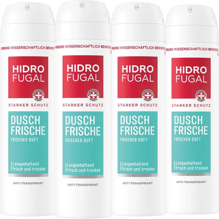Beiersdorf HIDROFUGAL Deo Spray DUSCH FRISCHE, Starker Anti-Transpirant Schutz, 4 x 150 ml, ohne Ethylalkohol, dermatologisch getestet