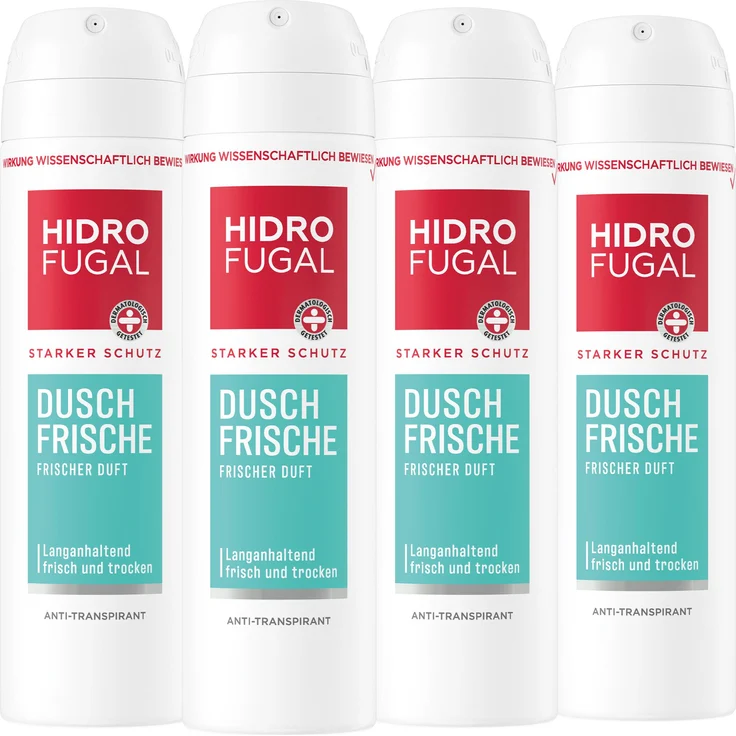 Beiersdorf HIDROFUGAL Deo Spray DUSCH FRISCHE, Starker Anti-Transpirant Schutz, 4 x 150 ml, ohne Ethylalkohol, dermatologisch getestet