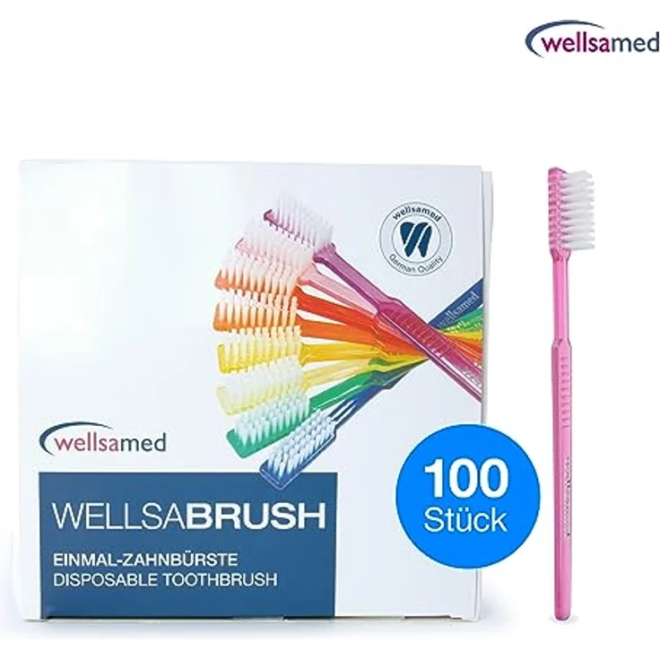 wellsamed Wellsabrush Einmalzahnbürsten mit Zahnpasta, Einwegzahnbürsten, Reisezahnbürsten, pink-rosa-transparent, 100 Stück – Bild 3