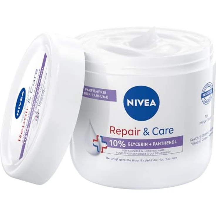 NIVEA Repair & Care Parfümfrei Creme, feuchtigkeitsspendende & nicht fettende Körpercreme mit Panthenol & Glycerin, für sensible & juckende Haut (400 ml) – Bild 1