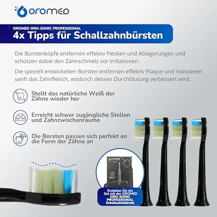 Oromed Bürstenköpfe 4 Stück – Ersatzköpfe für ORO-SONIC Professional Black, gründliche Plaqueentfernung, sanfte Zahnfleischmassage, natürliche Zahnaufhellung – Bild 2