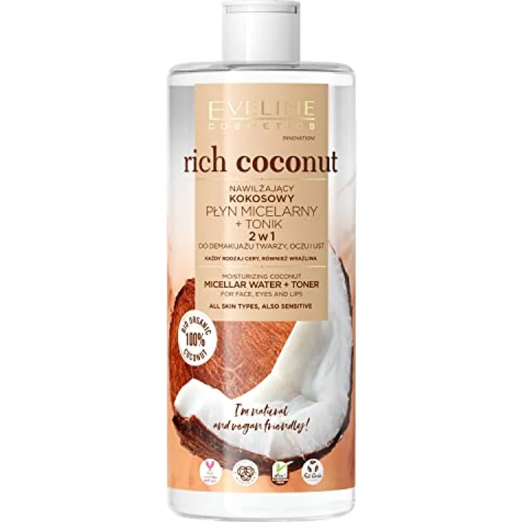 Eveline Cosmetics Rich Coconut, Feuchtigkeitsspendende Kokosmizellen-Flüssigkeit und Toner 2 in 1, 500 ml, mit bis zu 96% natürlichen Inhaltsstoffen – Bild 1
