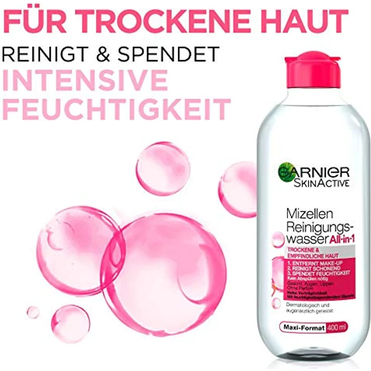 Garnier Mizellen Reinigungswasser / Gesichtsreinigung für trockene und empfindliche Haut (Optimale Verträglichkeit - ohne Parfüm) 6 x 400 ml – Bild 3