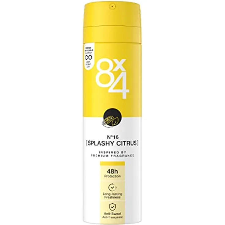 8X4 N°16 Splashy Citrus (150 ml), Deospray mit energetisch-frischem Zitrusduft, Deodorant mit zuverlässigem 48h Anti-Transpirant-Schutz