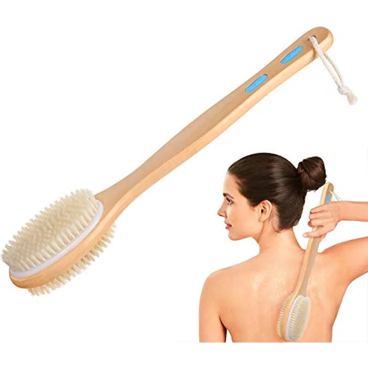 URAQT Doppelseitige Rückenbürste, Naturborsten Badebürste mit langem Holzgriff für Peeling und Massage, 44 cm