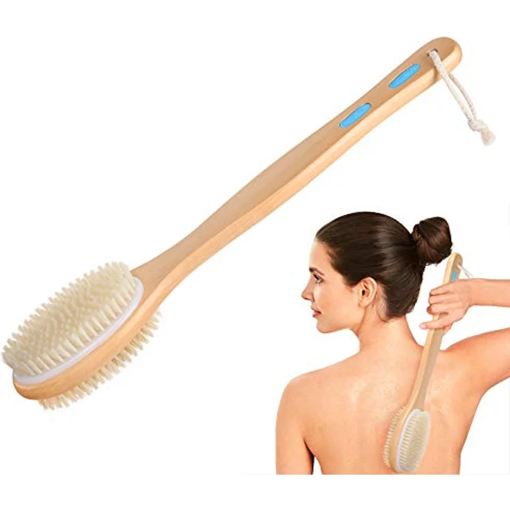 URAQT Doppelseitige Rückenbürste, Naturborsten Badebürste mit langem Holzgriff für Peeling und Massage, 44 cm – Bild 1