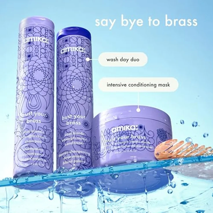 amika BUST YOUR BRASS reparierender Conditioner für blondes Haar, 275 ml, neutralisiert Gelbstiche und pflegt tiefenwirksam – Bild 8