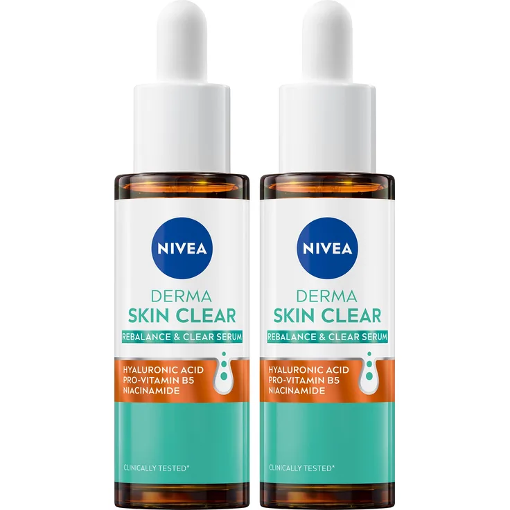 NIVEA DERMA SKIN CLEAR Rebalance & Clear Serum, 2 x 30 ml, mit Hyaluronsäure und Niacinamid für zu Unreinheiten neigende Haut