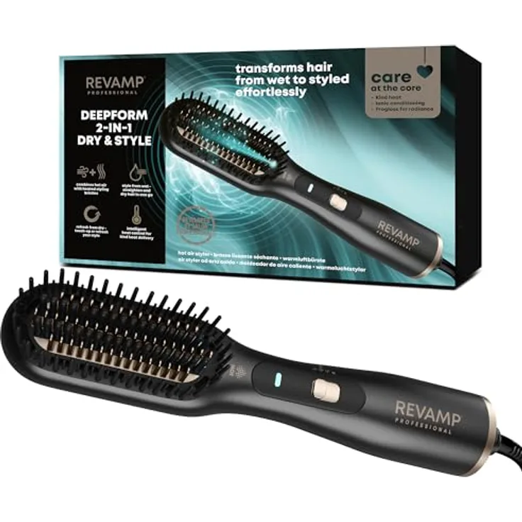 Revamp Professional Stylers Deepform Straight & Style, Heißluft Stylingbürste für flaches und paddelartiges Haarstyling, kabelgebunden, mittellange Borsten, Damen