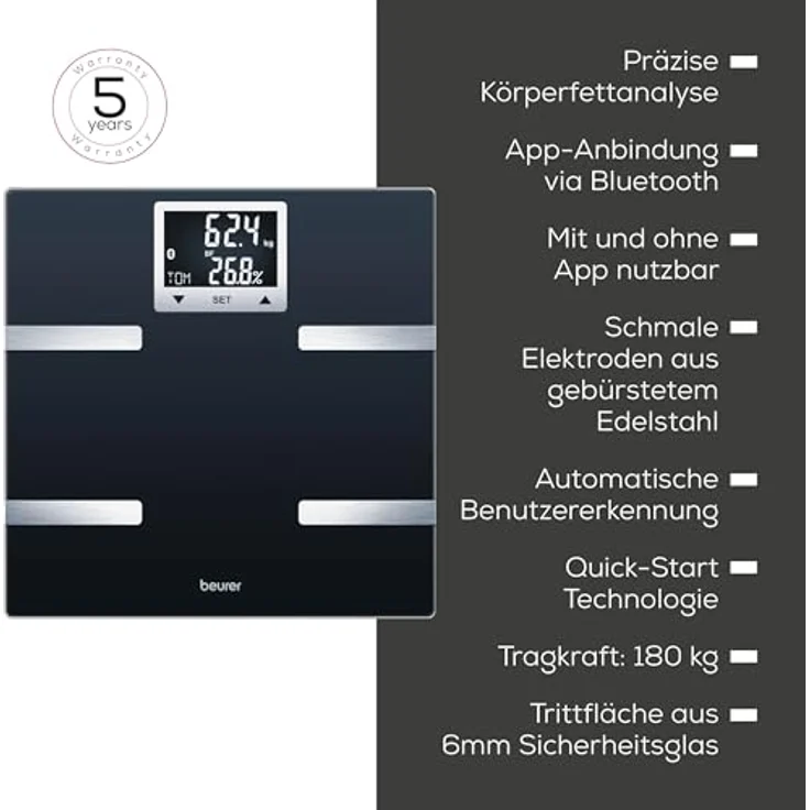 Beurer BF 720 Diagnosewaage mit Bluetooth, Verbindung zur Smartphone-App, Bestimmung von Körpergewicht, Körperfett, Muskelanteil und Kalorienbedarf AMR, BMR – Bild 7