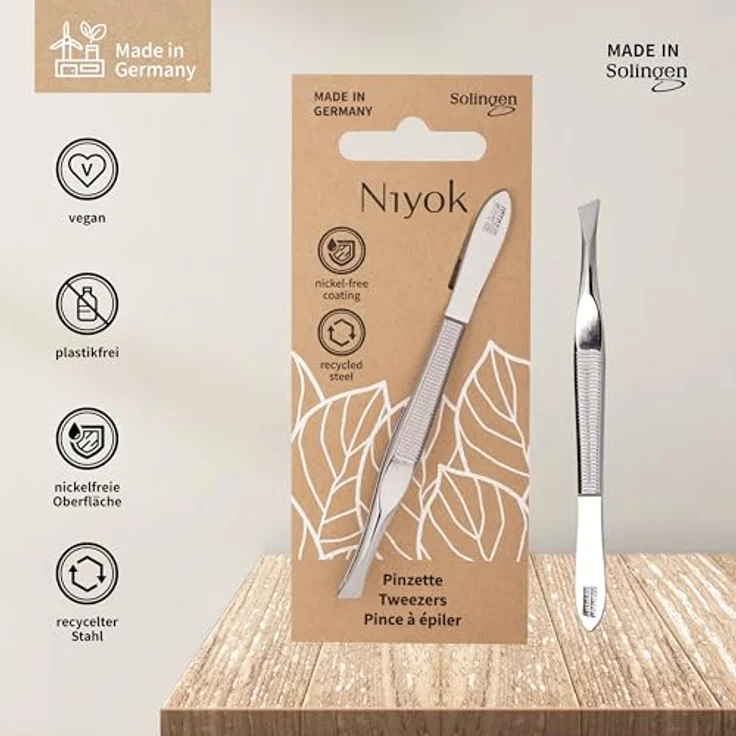 Niyok® Pinzette aus Solingen mit schräger Spitze, Profi Augenbrauenpinzette aus C45 Stahl, nickelfrei, Made in Germany – Bild 3