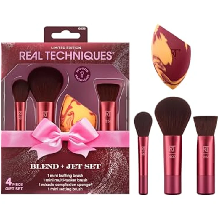 Real Techniques Blend + Jet Set, Make-up Pinsel Set für das Gesicht mit 4 Pinsel und Schwämmchen, ideal für unterwegs – Bild 1
