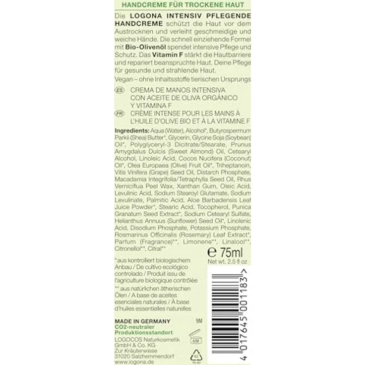 LOGONA Naturkosmetik NOURISH Handcreme intensiv, 75 ml, mit Bio-Olivenöl, vegan, für trockene und beanspruchte Hände – Bild 2