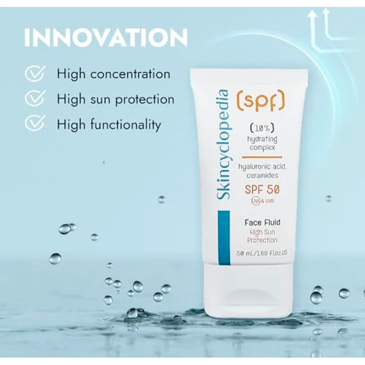 Skincyclopedia LSF 50 Sonnencreme, Hyaluron Sonnenfluid mit Ceramiden und Centella Asiatica, Sun Protection Face Fluid SPF 50, UVA und UVB, Sonnenschutz mit hohem Breitspektrumschutz, 50ml – Bild 4
