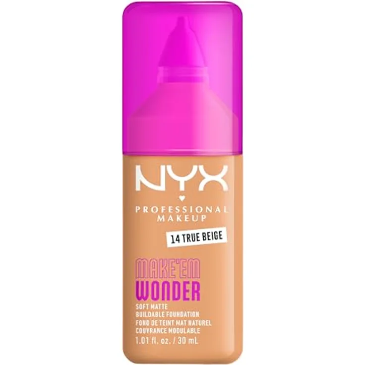 NYX Professional Makeup Make 'EM Wonder Foundation, Soft Matte aufbaubare Foundation für ebenmäßigen Hautton, 14 True Beige