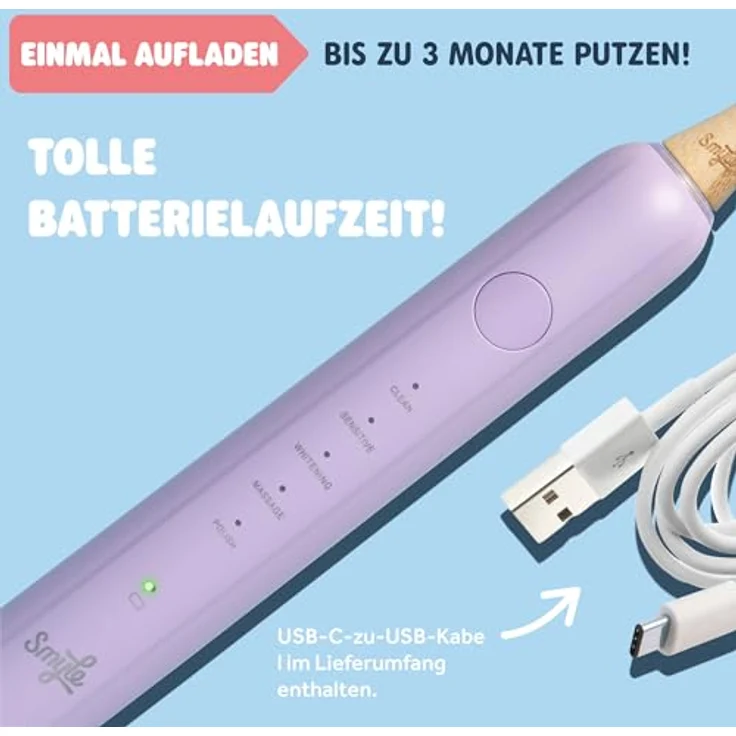 Smyle Schallzahnbürste mit Sensor – 3 Monate Akkulaufzeit, 5 Putzmodi, USB-C-Ladegerät, 2 Bürstenköpfe, wasserdicht – lila – Bild 3