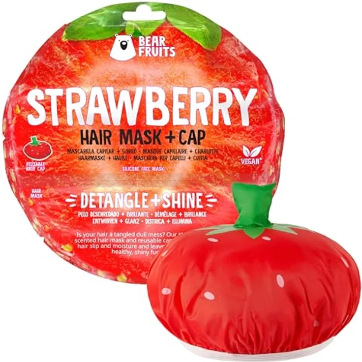 Bear Fruits Strawberry Entwirren + Glanz Haarmaske mit wiederverwendbarer Haube, 20 ml - Pflegende Haarkur mit erdbeer-extrakten und erfrischendem Duft – Bild 1