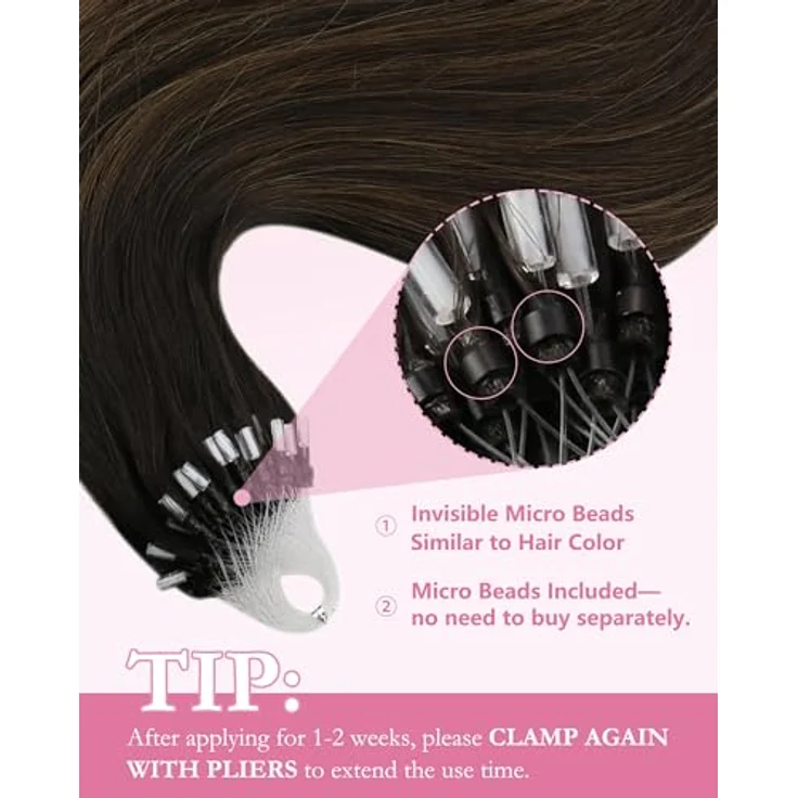 YoungSee Microring Extensions Braun Ombre, Echthaar Microbead Extensions, 45cm, 50g, natürliches Tragegefühl, rutschfester Halt – Bild 4