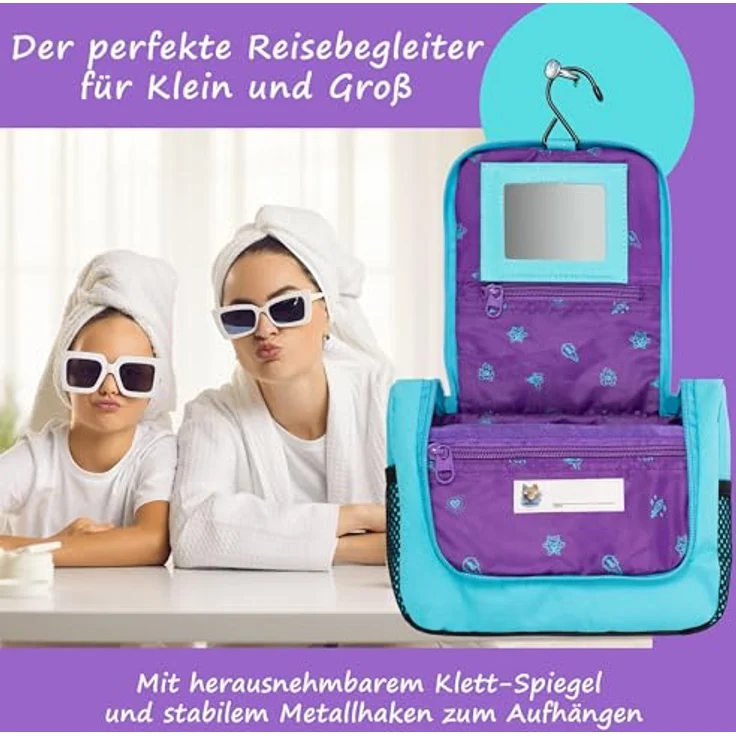 GRINSEZWERGE Kinder Kulturtasche, Reise Kulturbeutel zum Aufhängen mit großem Hauptfach, 3 Reißverschlusstaschen und 4 Netztaschen, robuster Metallhaken, inkl. Namensschild und abnehmbarem Spiegel – Bild 3