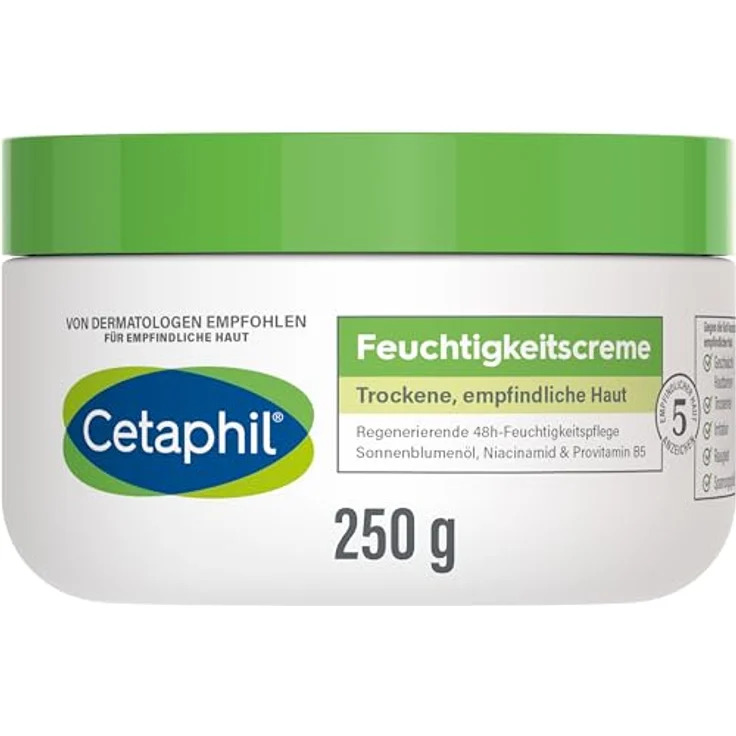 Cetaphil Feuchtigkeitscreme, 250g, Für trockene, empfindliche Haut, 48h Feuchtigkeit, Mit Vitamin B3, Provitamin B5, Sonnenblumenöl, Mandelöl, Glycerin – Bild 1
