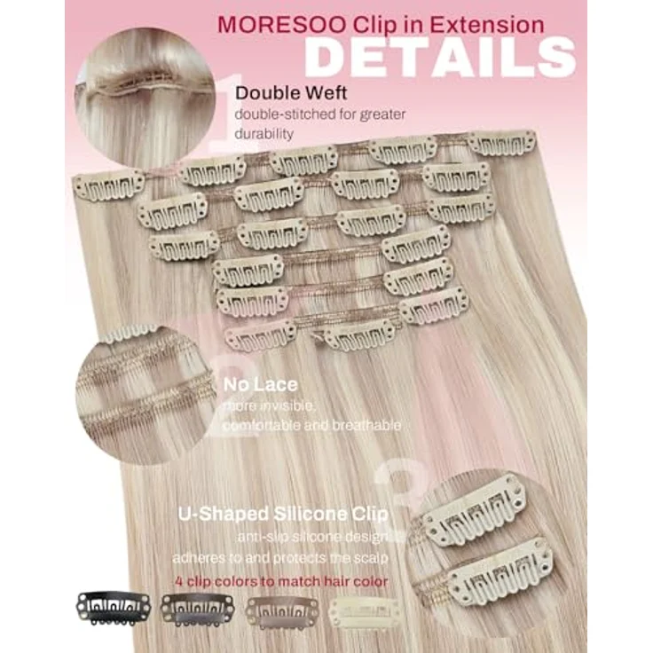 Moresoo Clip in Extensions Echthaar, 50 cm, 120g, #18/613 Aschblond mit Platinblond, langlebig und leicht zu tragen – Bild 4