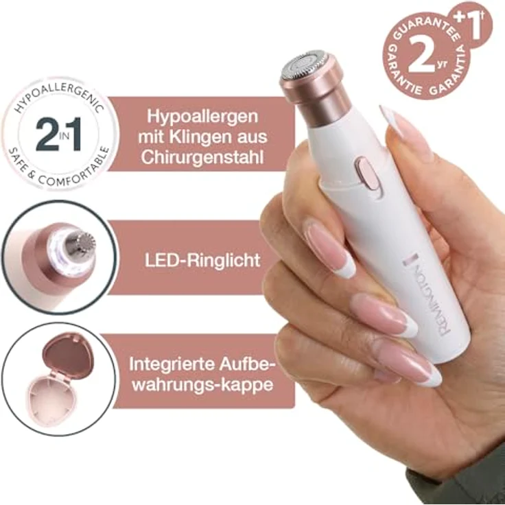 Remington BareMe WFS200, 2-in-1 Augenbrauenrasierer und Gesichtshaarentferner mit hypoallergenen Aufsätzen, USB-C Ladefunktion, wasserdicht – Bild 5