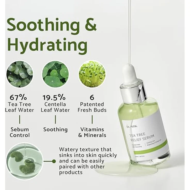 iUNIK Tea Tree Relief Serum, 50 ml - Gesichtscreme für sensible und gereizte Haut mit 67% Teebaum-Blattwasser – Bild 3