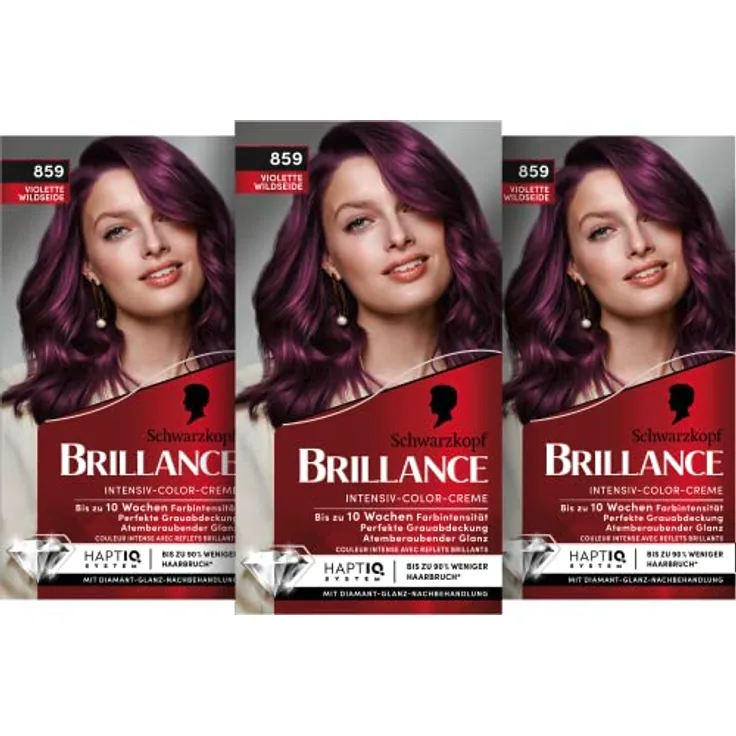 Brillance Intensiv-Color-Creme 859 Violette Wildseide Stufe 3 (3 x 160 ml), dauerhafte Haarfarbe mit Diamant-Glanz-Effekt & Pflege-Conditioner, 10 Wochen Farbintensität