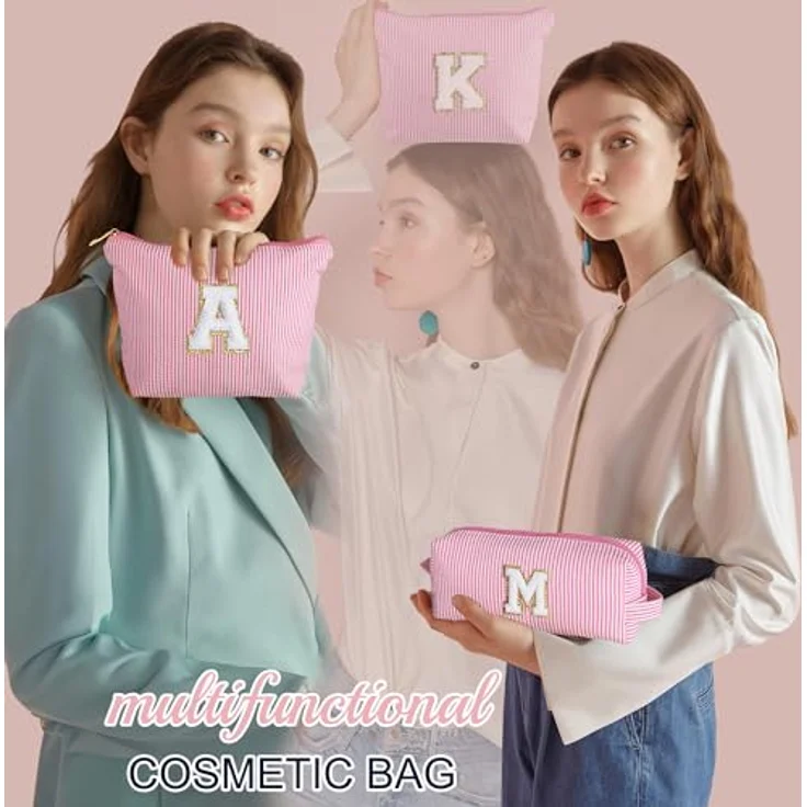 Parima Buchstaben Kosmetiktasche Mädchen - 2er Set Rosa mit Buchstaben C, große und kleine Make-up-Tasche mit praktischem Tragegriff und mehreren Fächern – Bild 2
