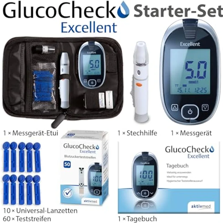 aktivmed GlucoCheck Excellent Starter-Set, Blutzuckermessgerät mit USB-Anschluss, 60 Teststreifen, nur 0,5 µl Blutmenge, Messdauer 5 Sekunden, hygienische Auswurf-Taste – Bild 2