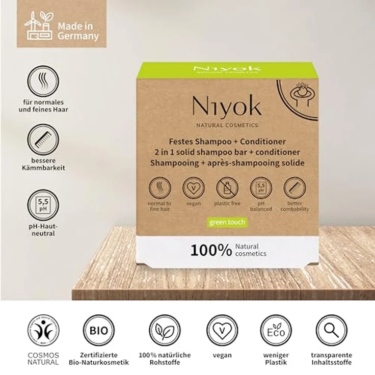 Niyok® 2-in-1 Festes Shampoo + Conditioner "Green Touch" (80g) • Vegane Haarseife • Nachhaltiges Shampoo & Spülung • Haarshampoo & Haarspülung • 100% Naturkosmetik • Plastikfrei & Vegan – Bild 3
