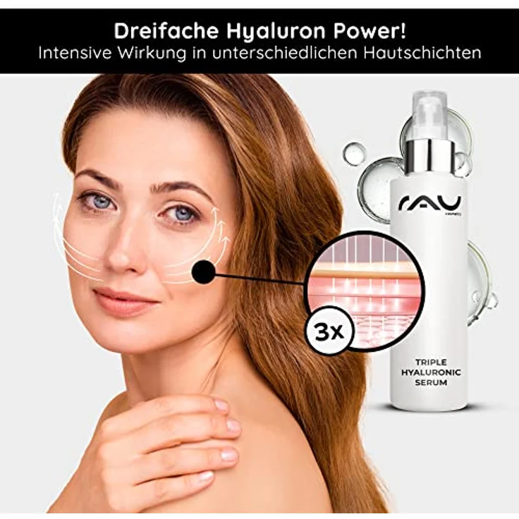 RAU Cosmetics Hyaluron Serum Hochdosiert - Triple Hyaluronic Serum 100 ml - Feuchtigkeitsboost mit 3 Hyaluronsäuren & Kaktusfeigen Extrakt - Anti-Aging Serum – Bild 2