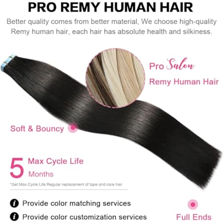 SUYYA Tape Extensions Echthaar, Invisible Tape in Extensions 20 Zoll, 50g Remy Echthaar, seidig glatt, #1B Natürliches Schwarz, 20 Stück – Bild 4
