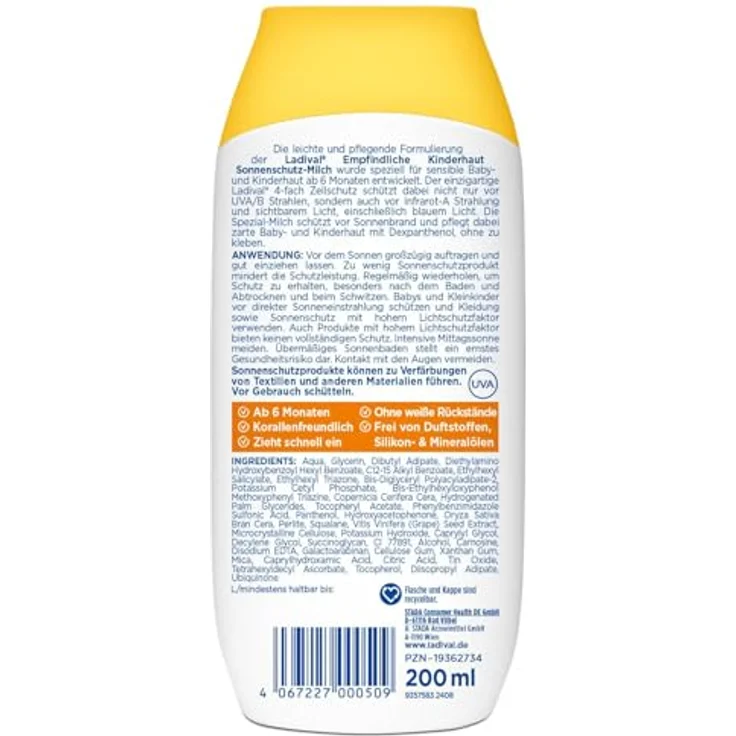 Ladival Empfindliche Kinderhaut Sonnenschutz-Milch LSF 50+ für Kinder und Babys ab 6 Monaten, extra wasserfest, mit einzigartigem 4-fach Zellschutz, 200ml – Bild 2