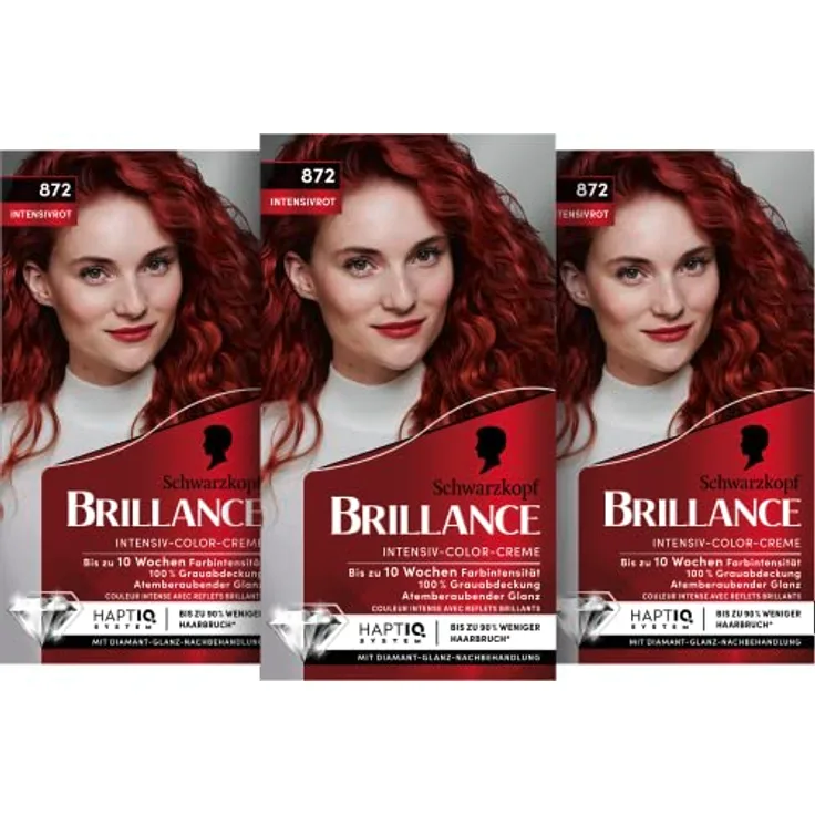 Brilliance Intensiv-Color-Creme 872 Intensivrot Stufe 3 (3 x 160 ml), dauerhafte Haarfarbe mit Diamant-Glanz-Effekt & Pflege-Conditioner, 10 Wochen Farbintensität