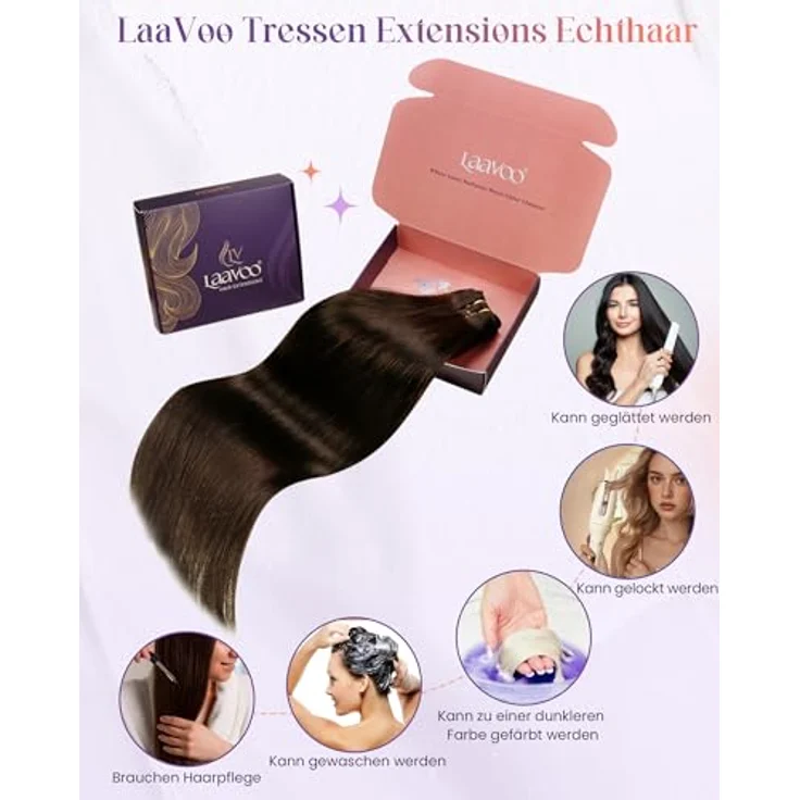 LaaVoo Echthaar Tressen Extensions Dunkelbraun, Remy Haarverlängerung zum Einnähen, 35cm, 80g, glatt – Bild 5