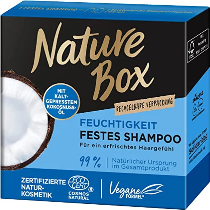Nature Box Feuchtigkeit Festes Shampoo mit Kokosnuss-Öl, Naturkosmetik Vegan, 250 milliliters, 1er Pack (1 x 85g)