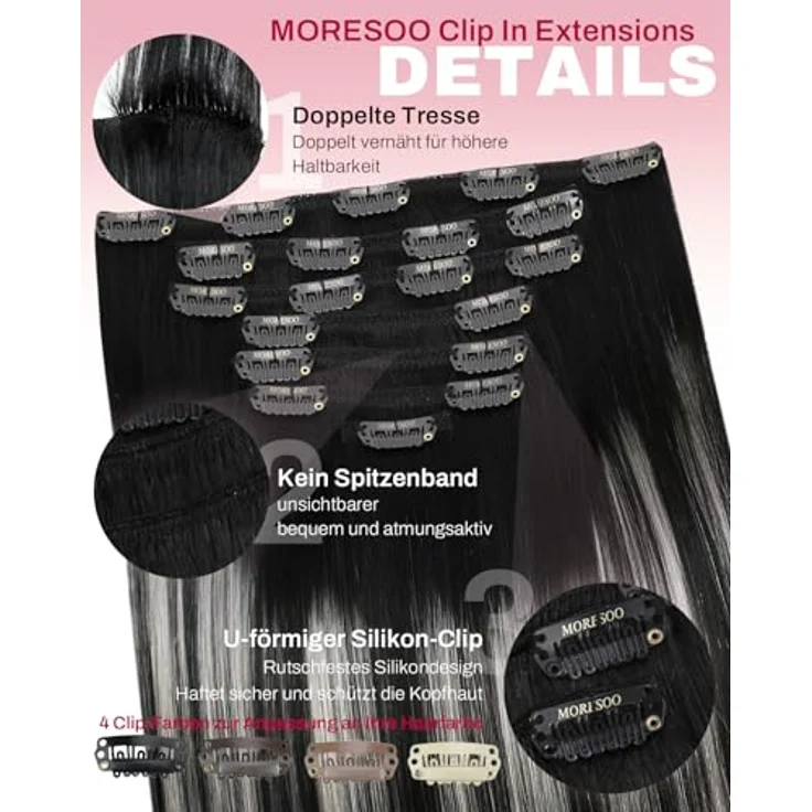Moresoo Echthaar Extensions Clip in, 45 cm, 7 Stück, 120g, seidig und leicht zu tragen – Bild 4